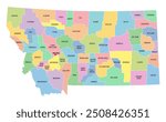 Montana, U.S. state, multi colored political map with borders, county names and Capital Helena. State in the Mountain West region of the United States, subdivided into 56 counties. Big Sky Country