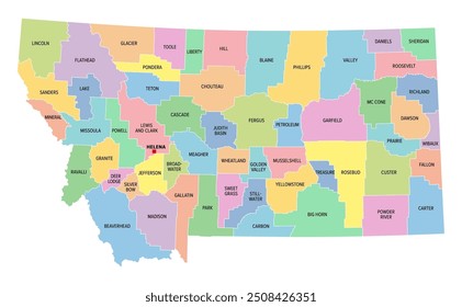 Montana, U.S. state, multi colored political map with borders, county names and Capital Helena. State in the Mountain West region of the United States, subdivided into 56 counties. Big Sky Country