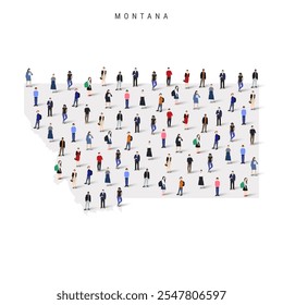 Montana US state population map. Large group of realistic a diverse crowd of people figures. Flat vector illustration isolated on white.