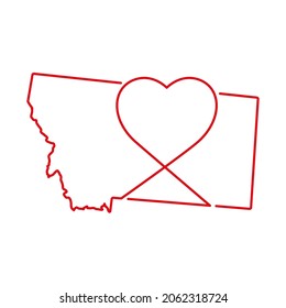 Montana US state red outline map with the handwritten heart shape. Continuous line drawing of patriotic home sign. A love for a small homeland. T-shirt print idea. Vector illustration.