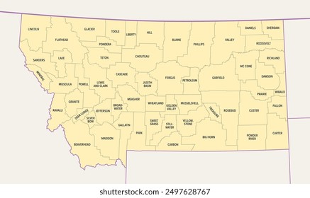 Montana, U.S. state, subdivided into 56 counties, political map with borders and county names. State in the Mountain West region of the United States, nicknamed Big Sky Country, and Treasure State.