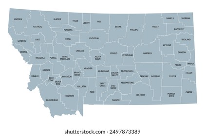 Montana, U.S. state, subdivided into 56 counties, gray political map with borders and county names. State in the Mountain West region of United States, nicknamed Big Sky Country, and Treasure State.