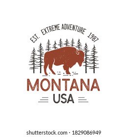 Montana USA logo template, retro national park adventure emblem design with bison buffalo and trees head. Unusual vintage art style sticker. Stock vector label