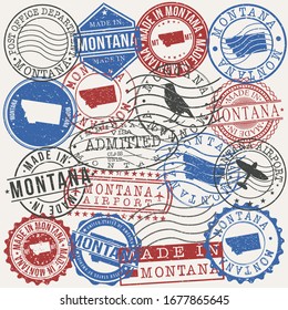 Montana, USA Set of Stamps. Travel Passport Stamps. Made In Product. Design Seals in Old Style Insignia. Icon Clip Art Vector Collection.