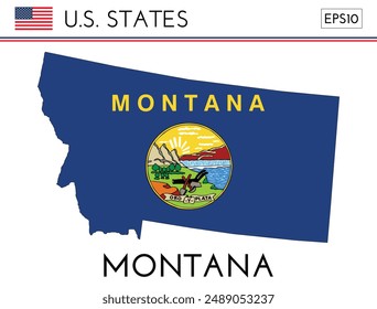 Montana USA state map shape with flag. Map of Montana in the Montana flag colors. Outline map filled with its flag colors. Vector illustration.