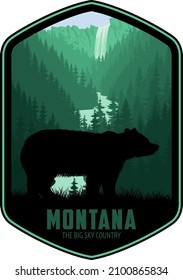 Montana vector label with grizzly bear in Yellowstone National Park 