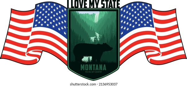 Montana vector label with grizzly bear in Yellowstone National Park and flag of the United States