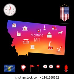 Montana Vector Map, Night View. Compass Icon, Map Navigation Elements. Pennant Flag of the United States. Vector Flag of Montana. Various Industries, Economic Geography Icons.