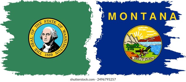 Montana and Washington states grunge brush flags connection, vector