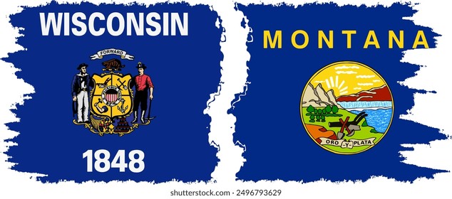 Montana and Wisconsin states grunge brush flags connection, vector