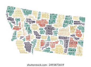 Montana Word Cloud. State shape with county division. Montana typography style image. County names tag clouds. Vector illustration.