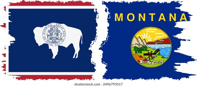 Montana and Wyoming states grunge brush flags connection, vector