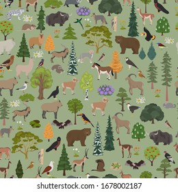 Montane forest biome, natural region seamless pattern. Terrestrial ecosystem world map. Animals, birds and vegetations ecosystem design set. Vector illustration