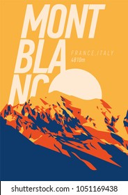 MontBlanc in Alps, France, Italy outdoor adventure poster. Higest mountain in Europe at sunset illustration.