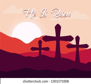 monte calvario scene with he is risen phrase