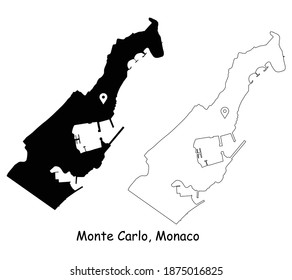 Monte Carlo, Monaco. Detailed Country Map with Location Pin on Capital City. Black silhouette and outline maps isolated on white background. EPS Vector