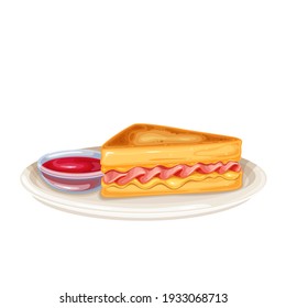 Monte Cristo Sandwich vector icon. Triangular tall sandwich with grilled cheese and ham, fried in egg on a plate with jam.