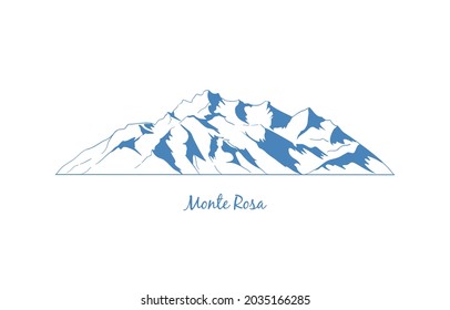 Monte Rosa mountain, popular peaks for climbing. Mountain massif graphic illustration. Stylized vector mountain drawing for logo, emblem, banners for mountain climbing, hiking trails, in linear style.