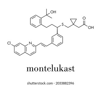 Montelukast asthma and airway allergy drug molecule. Skeletal formula.