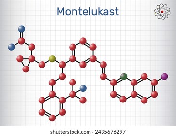 Montelukast drug molecule. It is used in the  treatment of asthma. Molecule model. Sheet of paper in a cage. Vector illustration