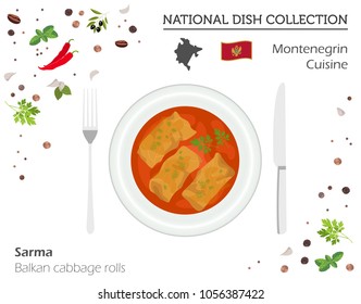 Montenegrin Cuisine. European national dish collection. Balkan cabbage rolls isolated on white, infographic. Vector illustration