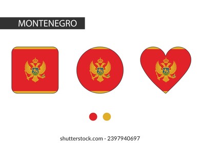 Montenegro 3 formas (cuadrado, círculo, corazón) con bandera de la ciudad. Aislado sobre fondo blanco.