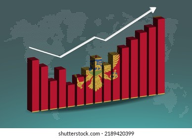 Montenegro 3D bar chart graph with ups and downs, increasing values, Montenegro country flag on 3D bar graph, upward rising arrow on data, news banner idea, developing country concept