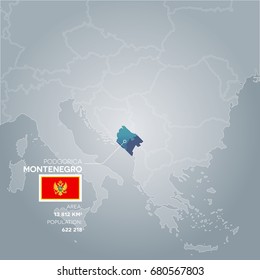Montenegro 3d map with information of area and population of the country.