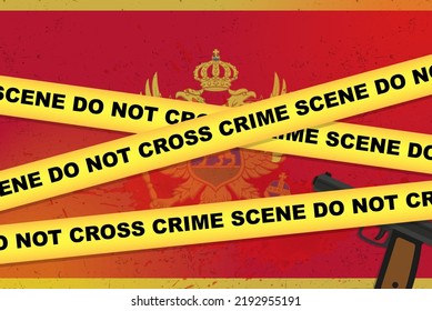 Montenegro armed attack vector banner, shooting news concept, armed assault with gun and blood stain on Montenegro flag, yellow police tape, crime scene composition, top view, flat design