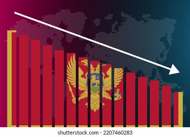Montenegro bar chart graph, decreasing values, crisis and downgrade concept, Montenegro flag on bar graph, down arrow on data, news banner idea, fail and decrease, financial statistic