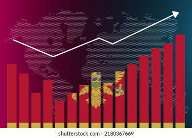 Montenegro bar chart graph with ups and downs, increasing values, Montenegro country flag on bar graph, upward rising arrow on data, news banner idea, developing country concept
