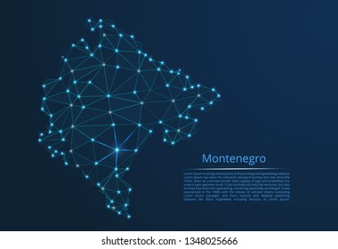 Montenegro communication network map. Vector low poly image of a global map with lights in the form of cities in or population density consisting of points and shapes in the form of stars and space.