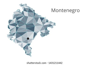 Montenegro communication network map. Vector low poly image of a global map with lights in the form of cities in or population density consisting of points and shapes and space. Easy to edit