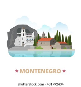 Montenegro country design template. Flat cartoon style historic sight showplace web site vector illustration. World vacation travel Europe European collection. Ostrog Monastery Island of Saint George.