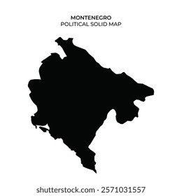 Montenegro is depicted as a solid black silhouette against a white background, showcasing its geographical shape. This representation focuses on its political boundaries.