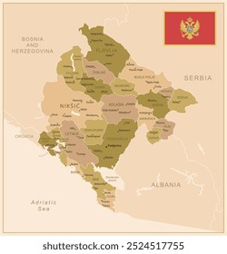 Montenegro - mapa detalhado do país em cores marrons, dividido em regiões. Ilustração vetorial