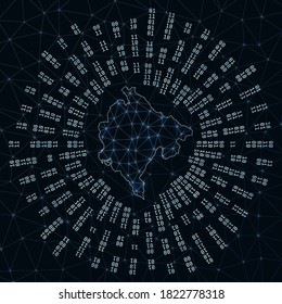 Montenegro digital map. Binary rays radiating around glowing country. Internet connections and data exchange design. Vector illutration.