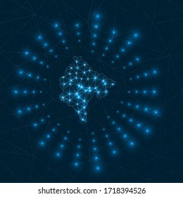 Montenegro digital map. Glowing rays radiating from the country. Network connections and telecommunication design. Vector illustration.