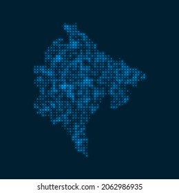 Mapa brillante en Montenegro. Forma del país con bombillas azules brillantes. Ilustración vectorial.
