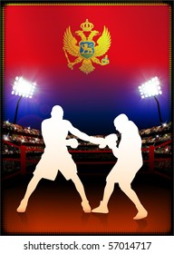 Bandera de Montenegro con Boxer sobre fondo estadio Ilustración original