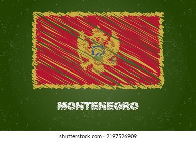 Montenegro flag with chalk effect on green chalkboard, hand drawing country flag concept, green blackboard with Montenegro flag, chalk texture, flag for kids, classroom material