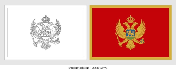 Montenegro flag - coloring page. Set of white wireframe thin black outline flag and original colored flag.