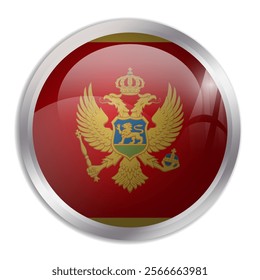 Montenegro flag - glossy circle button displays a colorful flag representing a country cultural identity and heritage. The essence of national pride and unity.