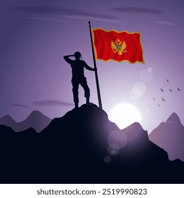 Montenegro Flag hoisted on a mountain peak with a purplish sunset in the background, vector illustration