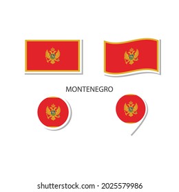 Montenegro flag logo icon set, rectangle flat icons, circular shape, marker with flags.