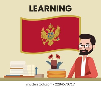 Montenegro flag with a male teacher, learning or teaching Montenegro language, bearded man with glasses and country flag vector design, language school concept
