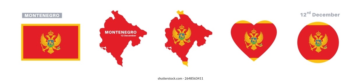 montenegro flag and map set. montenegro flag in official colors and proportions. independence day 12 december, map, circle and heart shaped montenegro