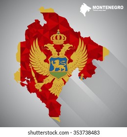 Montenegro flag overlay on Montenegro map with polygonal and long tail shadow style (EPS10 art vector)