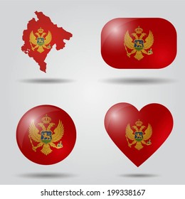 Montenegro flag set in map, oval, circular and heart shape.
