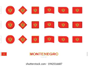 Bandera de Montenegro puesta, banderas simples de Montenegro con tres efectos diferentes. Ilustración vectorial.